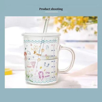 One Piece Anime Glass Mug with Handle & Straw, Clear Measuring Water Cup, Heat Resistant Milk Juice Cup, Cute Cartoon Character Printed Drinking Glass, Anime Merch Gift for One Piece Fans