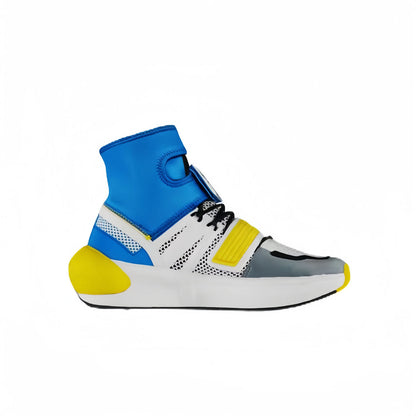 Anime Cosplay High Top Sneakers, Futuristic Techwear Sock Boots, Blue Yellow Color Block Streetwear Shoes, Adjustable Buckle Strap Platform Costume Footwear for Men Women