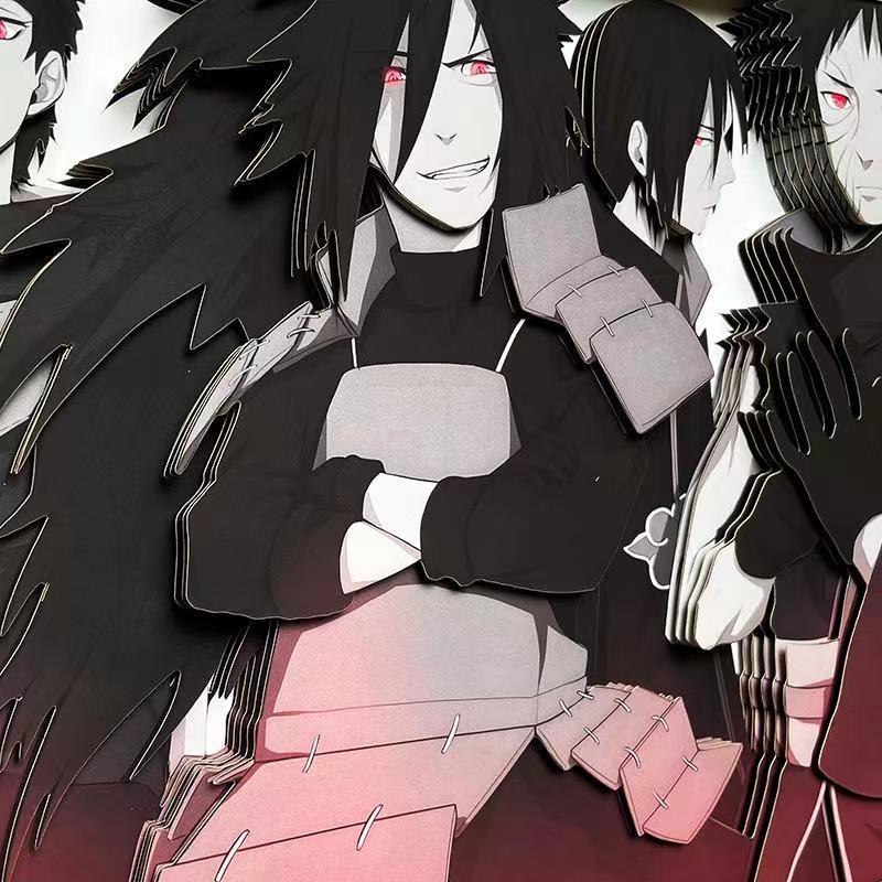 Naruto Uchiha Family 3D Layered Paper Cut Art Frame, Uchiha Clan Group Portrait Paper Carving Shadow Box, Handmade Stratified Anime Wall Painting, Framed Wall Hanging Decor, Collectible Art Gift for Naruto Fans