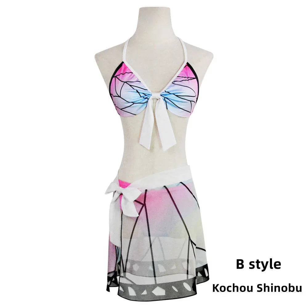 Demon Slayer Anime Cosplay Bikini Swimsuit Set, Kimetsu No Yaiba Tanjiro Nezuko Shinobu Rengoku Giyuu Pattern 3 Piece Bathing Suit, Halter Top Skirt Cover Up Swimwear for Beach Pool Anime Fans