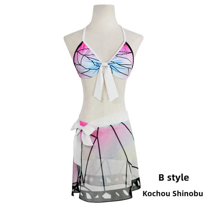 Demon Slayer Anime Cosplay Bikini Swimsuit Set, Kimetsu No Yaiba Tanjiro Nezuko Shinobu Rengoku Giyuu Pattern 3 Piece Bathing Suit, Halter Top Skirt Cover Up Swimwear for Beach Pool Anime Fans