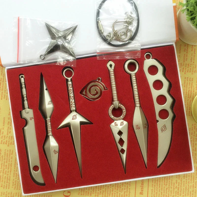 Naruto Ninja Weapon Kunai Set, Metal Mini Kunai Knife Shuriken Collection Gift Box, Anime Ninja Cosplay Prop, Leaf Village Symbol Ornaments, Collectible Toy Gift for Naruto Fans