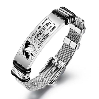 One Piece Monkey D. Luffy Roronoa Zoro Engraved Stainless Steel Mesh Bracelet Adjustable Wristband Anime Wanted Poster Jewelry Gift For Anime Fans