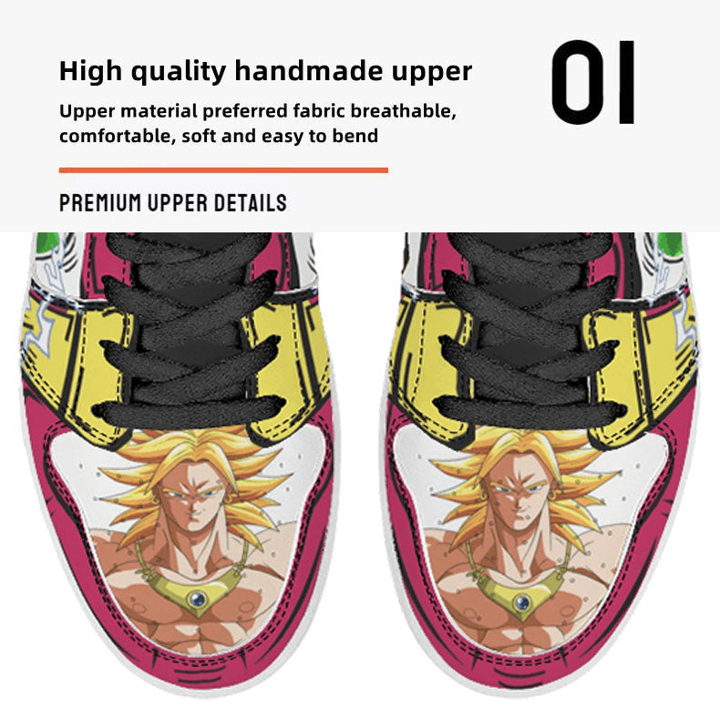 Dragon Ball Broly Anime High Top Sneakers, Fuchsia Yellow White Custom Print Streetwear Shoes, Men Women Casual Fashion Sneakers, Anime Fan Collectible Footwear Gift