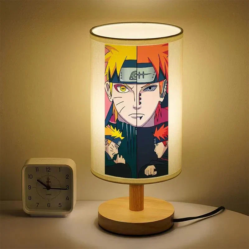 Naruto Anime Table Lamp, Cylindrical Fabric Lampshade Night Light with Solid Wood Base, Anime Character Print Desk Lamp, Bedroom Bedside Decor Lamp, Collectible Gift for Naruto Anime Fans