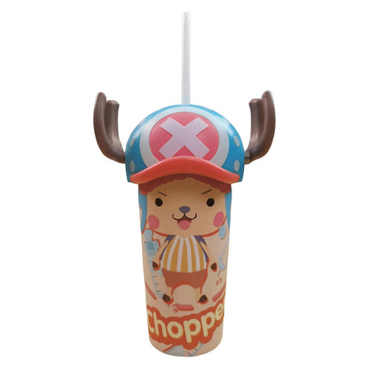 One Piece Anime Straw Tumbler, Luffy Straw Hat & Chopper Horn 3D Sculpted Lid Plastic Water Cup with Straw, Cute Anime Character Drinking Cup, Fan Collectible Cup for Beverage