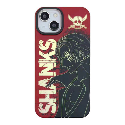 One Piece Anime Phone Case for iPhone, Luffy & Shanks Red Background Line Art Print Shockproof Hard Protective Cover, One Piece Skull Logo Character Phone Shell Anime Merch for iPhone Series