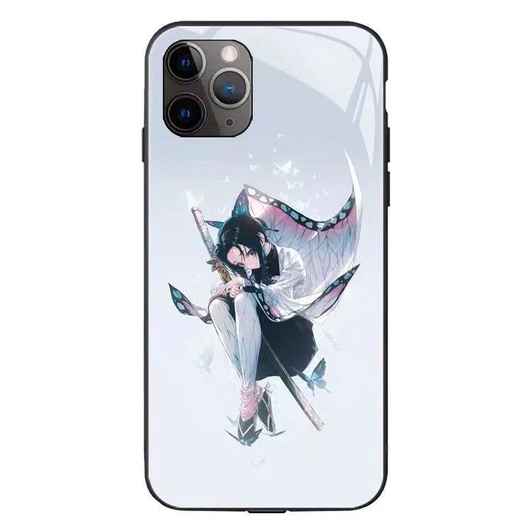 Demon Slayer LED Light Up Phone Case, Anime Tanjiro Shinobu Luminous Tempered Glass Back Cover, Flash Light Glowing Case for iPhone, Shockproof Protective Anime Phone Shell