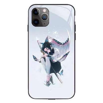 Demon Slayer LED Light Up Phone Case, Anime Tanjiro Shinobu Luminous Tempered Glass Back Cover, Flash Light Glowing Case for iPhone, Shockproof Protective Anime Phone Shell