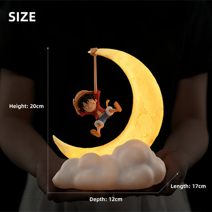 One Piece Luffy Moon Cloud Night Light, Anime Luffy Figure Swing LED Table Lamp, Warm Soft Light USB Charging Bedside Decor Lamp, One Piece Anime Merch Nightlight Gift for One Piece Fans