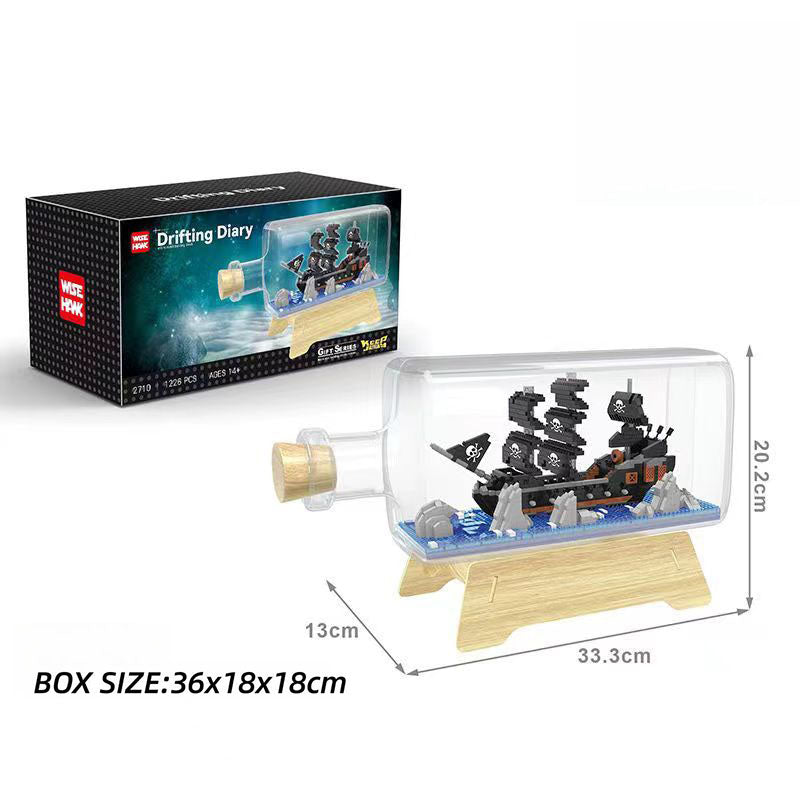 One Piece Thousand Sunny Ship in Bottle Micro Building Blocks Set, LED Light Mini Bricks Model with Display Bottle & Wood Stand, DIY Assembly Toy, Desktop Decor, Collectible Gift for Anime Fans