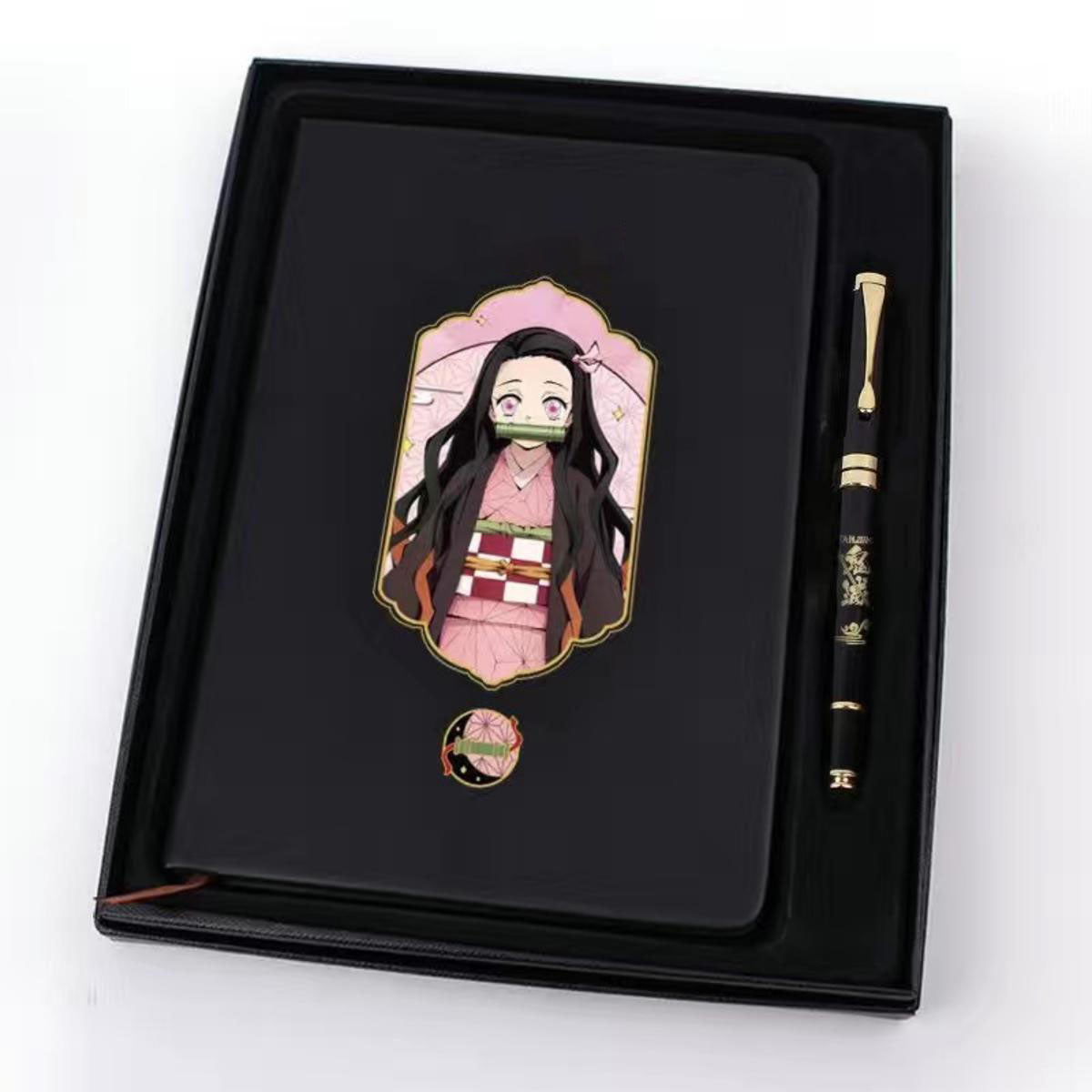 Demon Slayer Anime Notebook & Pen Gift Set, Tanjiro Nezuko Zenitsu Inosuke Character Journal with Metal Badge, Hardcover Writing Notebook Stationery Set, Anime Collectible Gift for Demon Slayer Fans