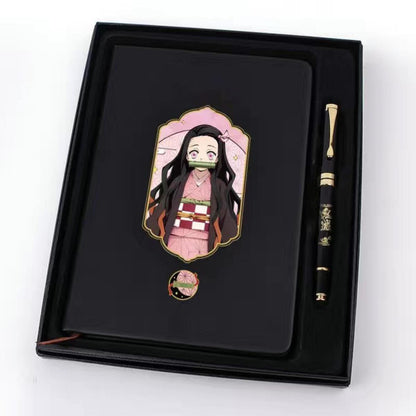 Demon Slayer Anime Notebook & Pen Gift Set, Tanjiro Nezuko Zenitsu Inosuke Character Journal with Metal Badge, Hardcover Writing Notebook Stationery Set, Anime Collectible Gift for Demon Slayer Fans