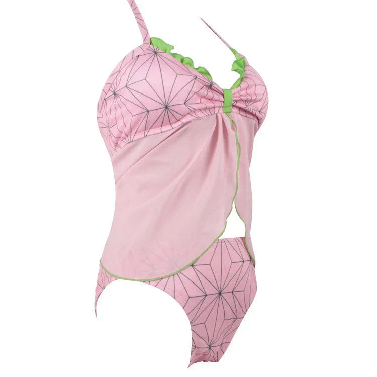 Demon Slayer Nezuko Kamado Two Piece Swimsuit, Anime Cosplay Tankini Bikini Set, Pink Geometric Pattern Halter Swimwear for Women, Anime Beach Bathing Suit