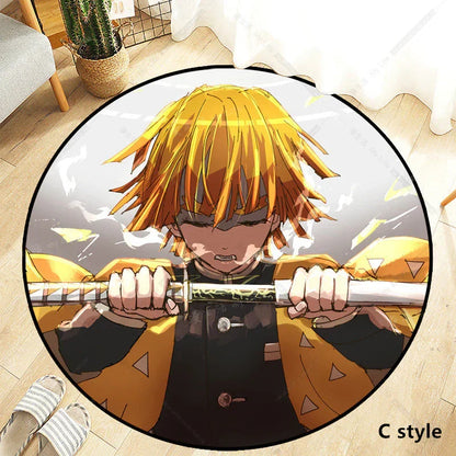 Demon Slayer Round Non-Slip Rug, Kimetsu no Yaiba Anime Character Circular Floor Mat, Soft Decorative Area Rug, Anti-Skid Carpet for Bedroom Living Room Entrance, Anime Merch Gift for Demon Slayer Fans