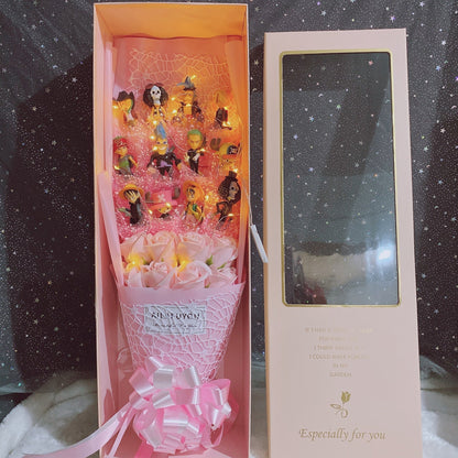 One Piece Figure Bouquet, Anime Luffy Zoro Sanji Chopper Figurine Bouquet with LED Fairy Lights, Artificial Rose Flower Gift Box, Birthday Valentine Anniversary Gift for Anime Fans