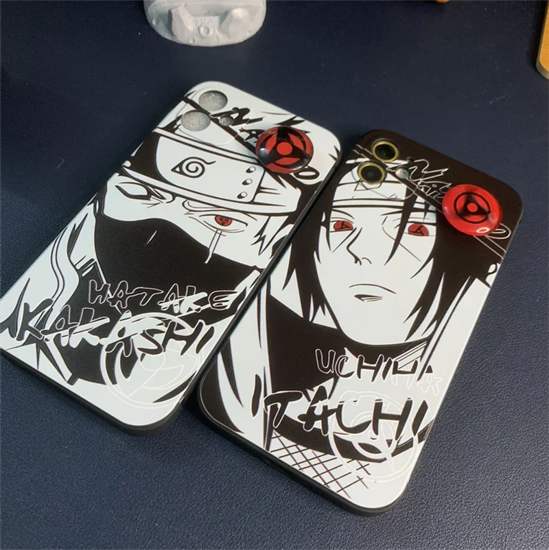 Naruto Anime Phone Case, Itachi Kakashi Black White Manga Print Case with Sharingan Pop Socket, Shockproof Soft TPU Protective Cover, Naruto Fan Phone Case Gift