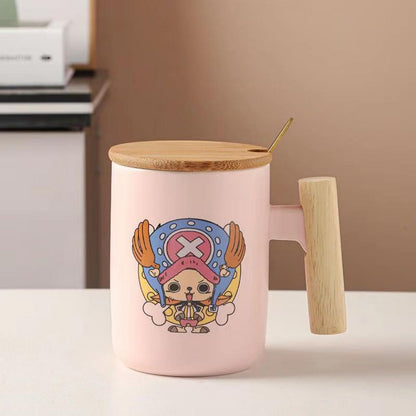 One Piece Anime Ceramic Mug with Wooden Handle, Luffy Chopper Zoro Cartoon Coffee Cup with Bamboo Lid & Spoon, Anime Water Cup Gift Set for One Piece Fans