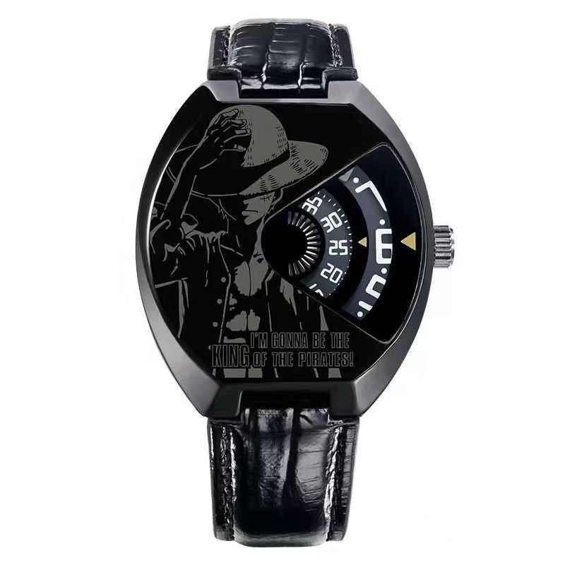 One Piece Luffy Wanted Poster Anime Wrist Watch for Men, Unique Rotating Dial Quartz Watch, Stainless Steel & Leather Strap, One Piece Skull Logo Analog Watch, Anime Cosplay Collectible Gift for One Piece Fans