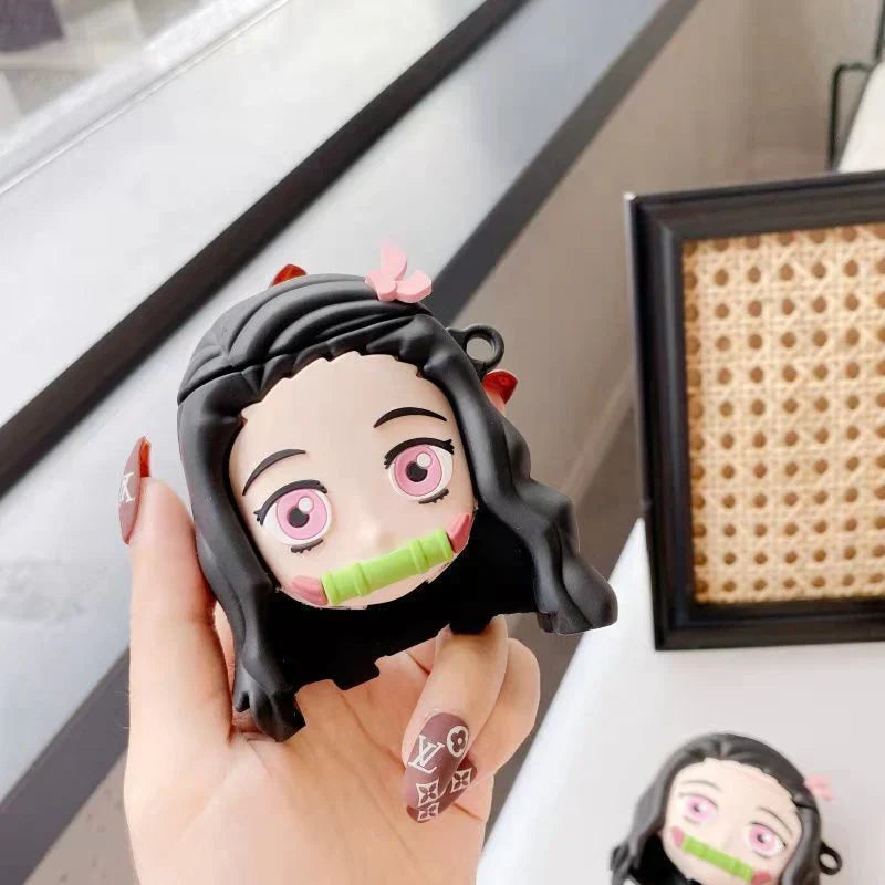 Demon Slayer Anime Airpods Case, Cute 3D Cartoon Silicone Protective Cover for AirPods 1/2, AirPods Pro 1/2, Tanjiro Nezuko Zenitsu Earphone Skin, Shockproof Earbud Case with Keychain, Anime Fan Gift