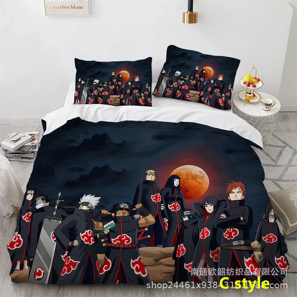 Naruto Anime Bedding Set, 3D Print Duvet Cover with Pillowcases, Akatsuki Red Cloud Comforter Cover Set, Soft Microfiber Bed Sheets, Bedroom Decor Gift for Naruto Fans