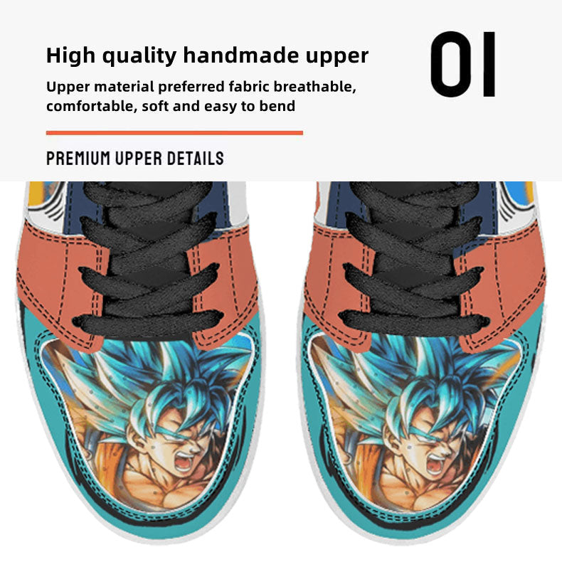 Dragon Ball Goku Super Saiyan Blue Anime High Top Sneakers, Teal White Orange Custom Print Streetwear Shoes, Men Women Casual Fashion Sneakers, Anime Fan Collectible Footwear Gift