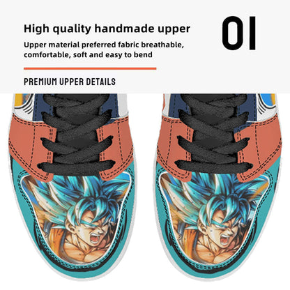 Dragon Ball Goku Super Saiyan Blue Anime High Top Sneakers, Teal White Orange Custom Print Streetwear Shoes, Men Women Casual Fashion Sneakers, Anime Fan Collectible Footwear Gift