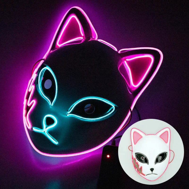 Demon Slayer Anime Cosplay Mask, Inosuke Boar Mask & LED Glowing Cat Fox Mask, Kimetsu no Yaiba Halloween Party Costume Prop, Light Up Anime Mask for Cosplay, Halloween Carnival Dress Up Gift