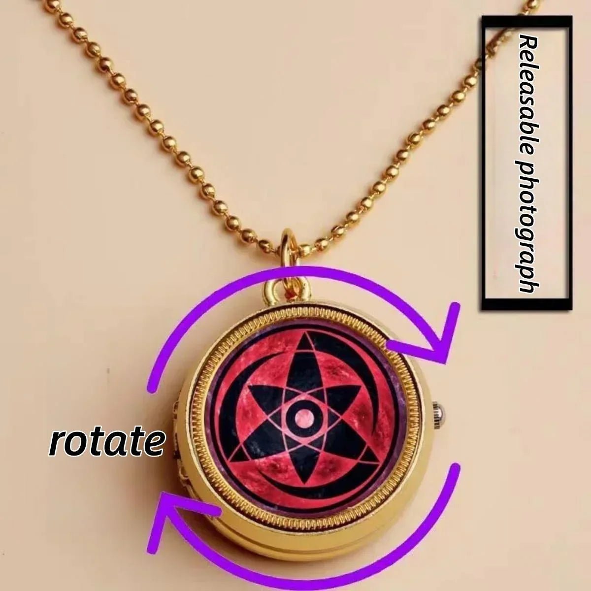 Naruto Sharingan Rotatable Pocket Watch Necklace, Anime Uchiha Clan Rotating Pendant Pocket Watch, Vintage Cosplay Jewelry Accessory, Collectible Gift for Naruto Anime Fans