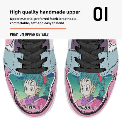 Dragon Ball Bulma Anime High Top Sneakers, Pink White Light Blue Custom Print Streetwear Shoes, Men Women Casual Fashion Sneakers, Anime Fan Collectible Footwear Gift