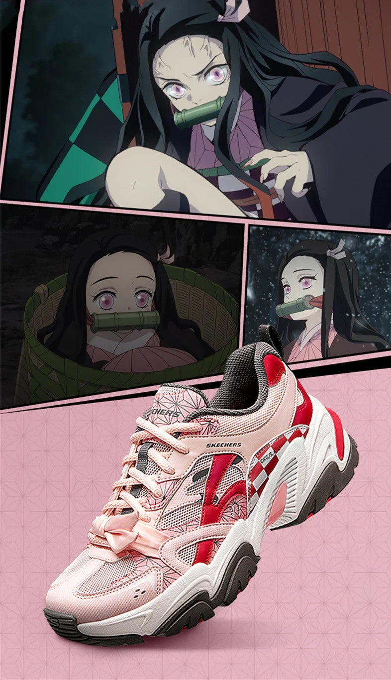 Demon Slayer Nezuko Anime Chunky Sneakers, Pink Red Checkered Unisex Casual Walking Shoes, Kamado Nezuko Themed Streetwear Athletic Footwear, Anime Cosplay Sneaker Gift for Fans