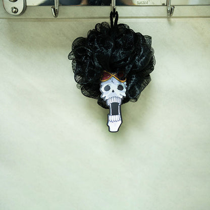 One Piece Brook Bath Sponge, Anime Skeleton Brook Shower Loofah, Black Mesh Bath Ball with Anime Pendant, Cute Body Scrub Pouf for Bathroom, Collectible Gift for One Piece Fans
