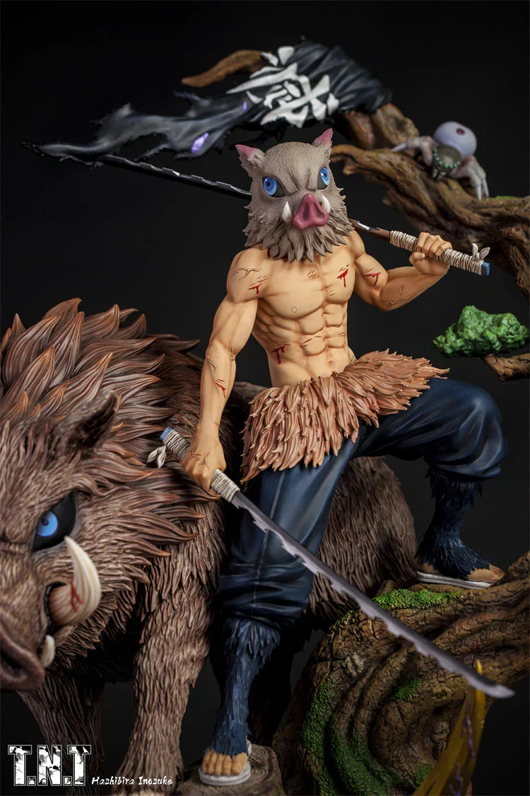 Demon Slayer Inosuke Hashibira Figure, Boar Head Inosuke Resin GK Statue, Anime Hashibira Inosuke with Giant Wild Boar Diorama Figurine, Collectible Desktop Ornament Model Gift for Demon Slayer Fans