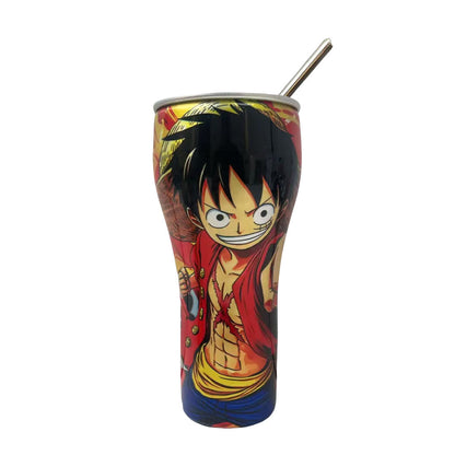 One Piece Anime Tumbler with Straw, Stainless Steel Insulated Travel Cup, Luffy Zoro Nami Wanted Poster Design Coffee Mug, Leak Proof Reusable Water Bottle, One Piece Merch Gift for Anime Fans