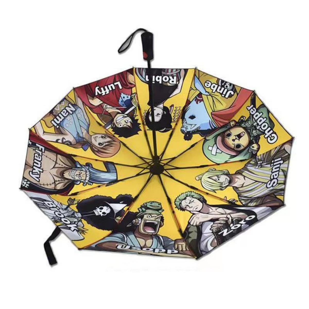One Piece Anime Folding Umbrella, Luffy Zoro Nami Chopper Crew Print Auto Open Close Compact Travel Umbrella, UV Protection Rainproof Portable Windproof Umbrella Gift for One Piece Anime Fans