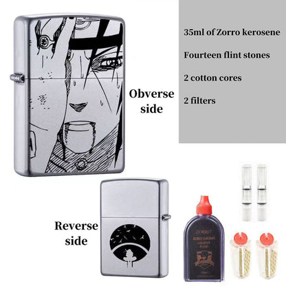 Naruto Anime Manga Print Kerosene Lighter, Double Sided Flip Top Metal Windproof Pocket Lighter, Naruto & Itachi Black White Sketch Lighter, Collectible Gift for Naruto Anime Fans