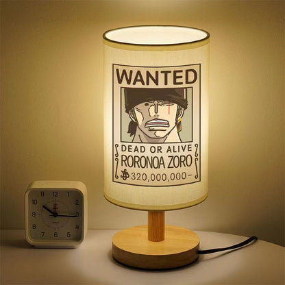 One Piece Wanted Poster Table Lamp, Anime Straw Hat Crew Wanted Print Night Light, Wooden Base Bedside Desk Lamp, Soft Warm Light Decor Lamp, Collectible Gift for One Piece Fans