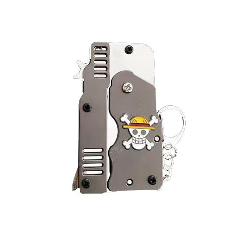 One Piece Mini Folding Rubber Band Gun Keychain, Straw Hat Pirates Jolly Roger Metal Rubber Band Launcher Toy, Portable Foldable Key Ring Collectible Ornament, Anime Fan Desk Decor & Gift