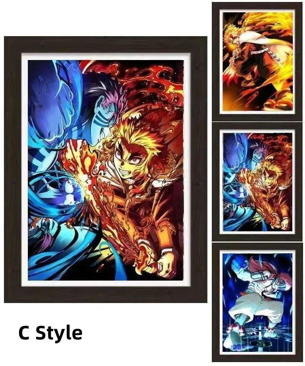 Demon Slayer 3D Lenticular Poster with Frame, Kimetsu no Yaiba Anime Stereo Gradient Wall Art, Flip Changing Picture, Anime Framed Decor Painting for Bedroom Gaming Room, Anime Merch Gift for Demon Slayer Fans