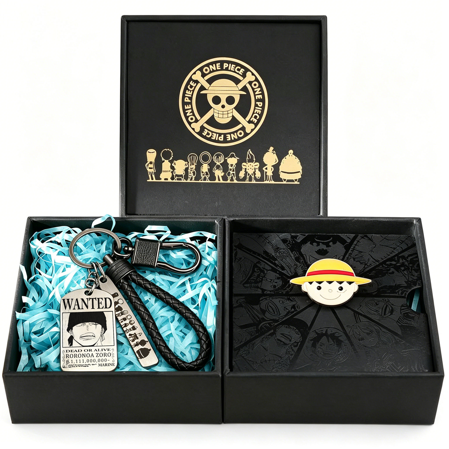 One Piece Monkey D Luffy Roronoa Zoro Portgas D Ace Trafalgar Law Gift Set, Anime Wanted Poster Keychain with Enamel Pin Brooch Collectible Box for Anime Fans