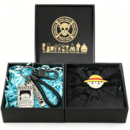 One Piece Monkey D Luffy Roronoa Zoro Portgas D Ace Trafalgar Law Gift Set, Anime Wanted Poster Keychain with Enamel Pin Brooch Collectible Box for Anime Fans