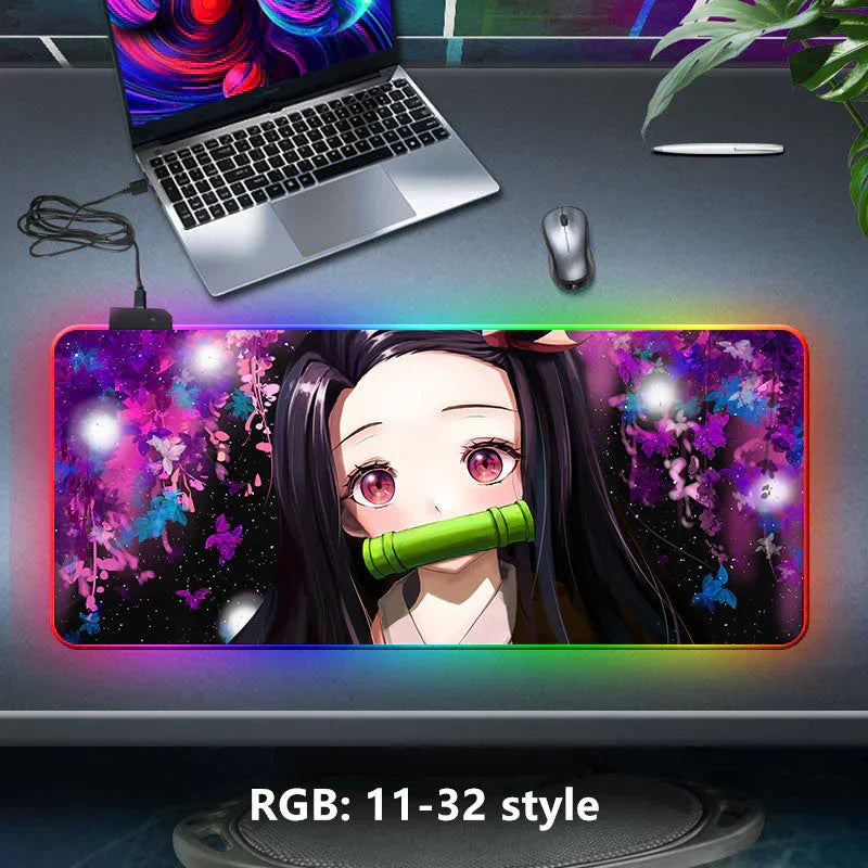 Demon Slayer RGB Gaming Mouse Pad, Large Extended Anime Desk Mat, LED Glowing Non-Slip Rubber Keyboard Pad, Multiple Nezuko Tanjiro Designs, Waterproof Desk Pad for PC Gamers