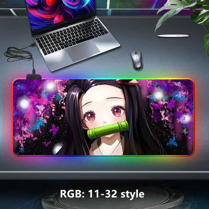 Demon Slayer RGB Gaming Mouse Pad, Large Extended Anime Desk Mat, LED Glowing Non-Slip Rubber Keyboard Pad, Multiple Nezuko Tanjiro Designs, Waterproof Desk Pad for PC Gamers