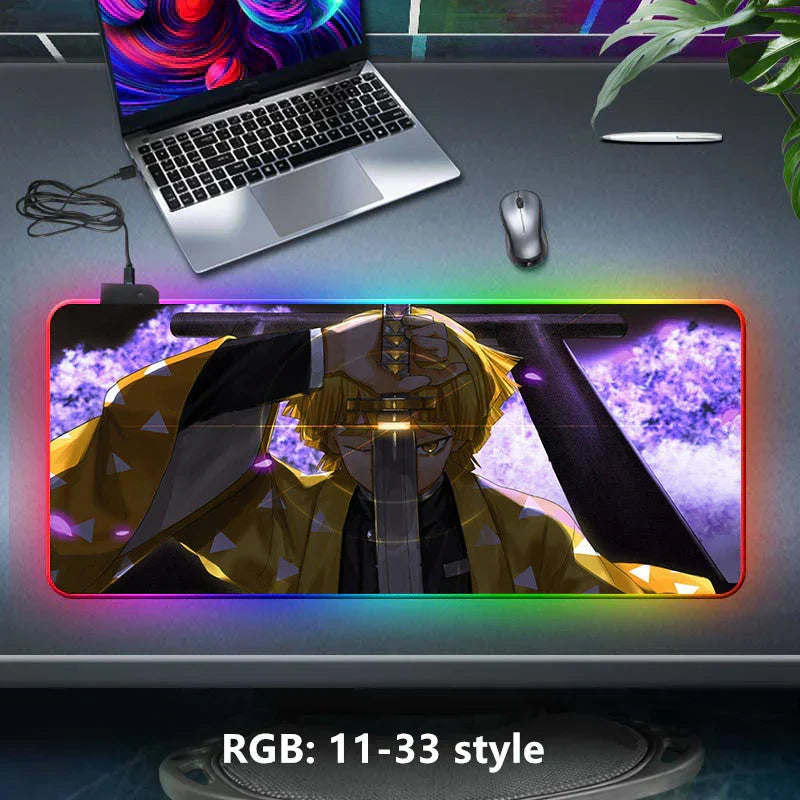 Demon Slayer RGB Gaming Mouse Pad, Large Extended Anime Desk Mat, LED Glowing Non-Slip Rubber Keyboard Pad, Multiple Nezuko Tanjiro Designs, Waterproof Desk Pad for PC Gamers