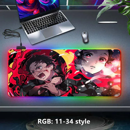 Demon Slayer RGB Gaming Mouse Pad, Large Extended Anime Desk Mat, LED Glowing Non-Slip Rubber Keyboard Pad, Multiple Nezuko Tanjiro Designs, Waterproof Desk Pad for PC Gamers