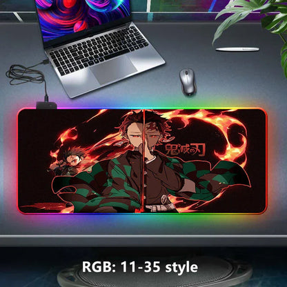 Demon Slayer RGB Gaming Mouse Pad, Large Extended Anime Desk Mat, LED Glowing Non-Slip Rubber Keyboard Pad, Multiple Nezuko Tanjiro Designs, Waterproof Desk Pad for PC Gamers