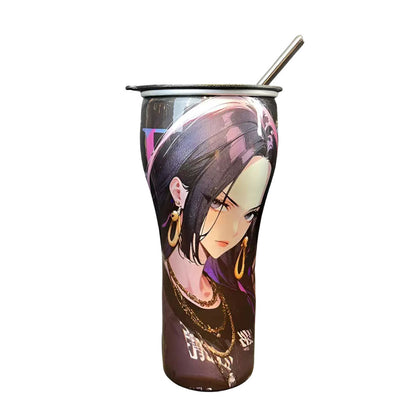 One Piece Anime Tumbler with Straw, Stainless Steel Insulated Travel Cup, Luffy Zoro Nami Wanted Poster Design Coffee Mug, Leak Proof Reusable Water Bottle, One Piece Merch Gift for Anime Fans