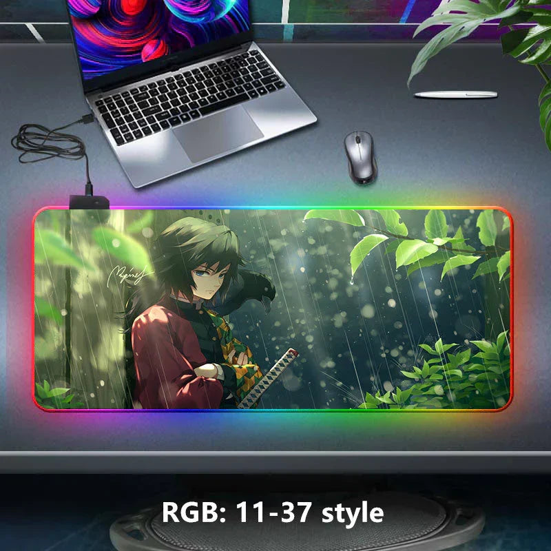 Demon Slayer RGB Gaming Mouse Pad, Large Extended Anime Desk Mat, LED Glowing Non-Slip Rubber Keyboard Pad, Multiple Nezuko Tanjiro Designs, Waterproof Desk Pad for PC Gamers