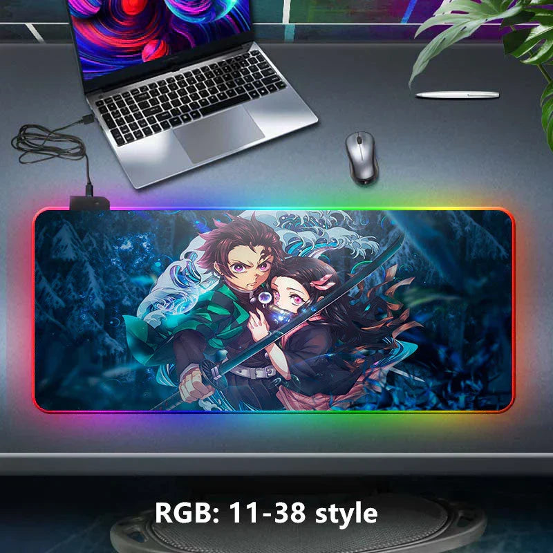 Demon Slayer RGB Gaming Mouse Pad, Large Extended Anime Desk Mat, LED Glowing Non-Slip Rubber Keyboard Pad, Multiple Nezuko Tanjiro Designs, Waterproof Desk Pad for PC Gamers