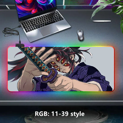 Demon Slayer RGB Gaming Mouse Pad, Large Extended Anime Desk Mat, LED Glowing Non-Slip Rubber Keyboard Pad, Multiple Nezuko Tanjiro Designs, Waterproof Desk Pad for PC Gamers